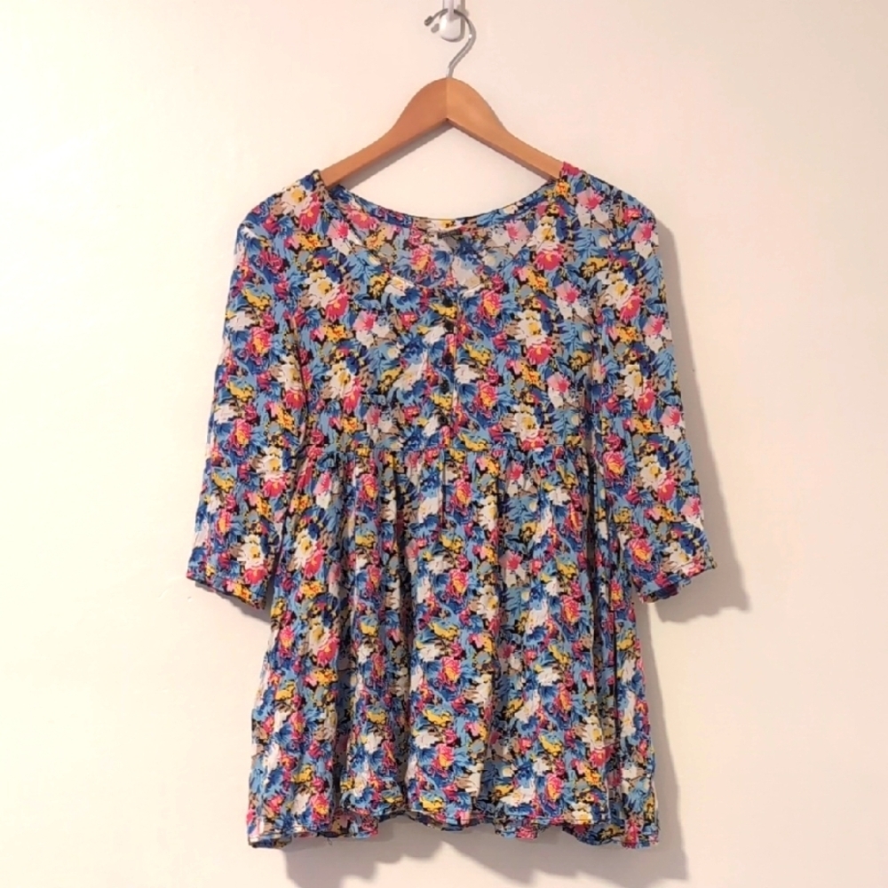 Free People Floral Bright Multicolor Flowy Tunic Blouse Mini Dress Size 4